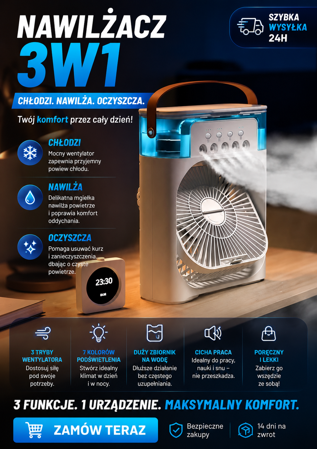 Wentylator 3w1 z Nawilżaczem i Podświetleniem LED — Chłodź się w stylu!