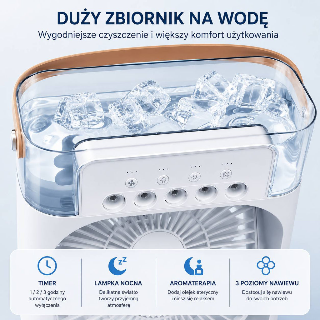 Wentylator 3w1 z Nawilżaczem i Podświetleniem LED — Chłodź się w stylu!