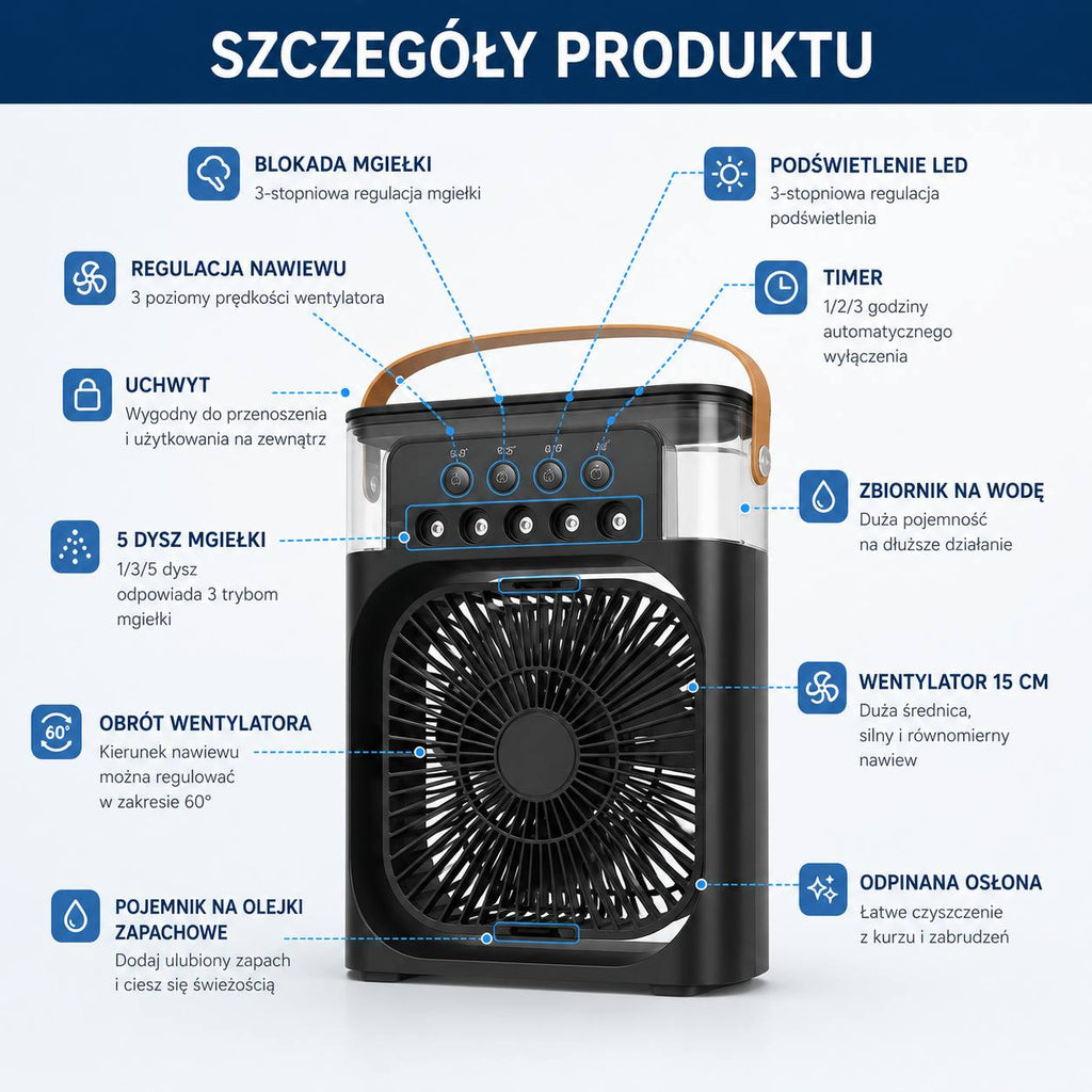 Wentylator 3w1 z Nawilżaczem i Podświetleniem LED — Chłodź się w stylu!